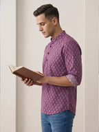 RAY LIGHT Men's Artisan Floral Print Cotton Short Kurta – Plum Purple with Contrast Cuffs