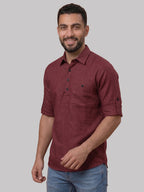 RAY LIGHT Men's Essential Solid Cotton Short Kurta – Magenta with Roll-Up Sleeves
