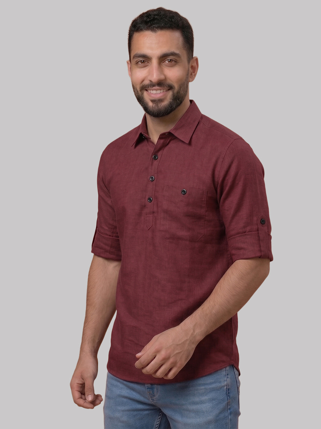 RAY LIGHT Men's Essential Solid Cotton Short Kurta – Magenta with Roll-Up Sleeves