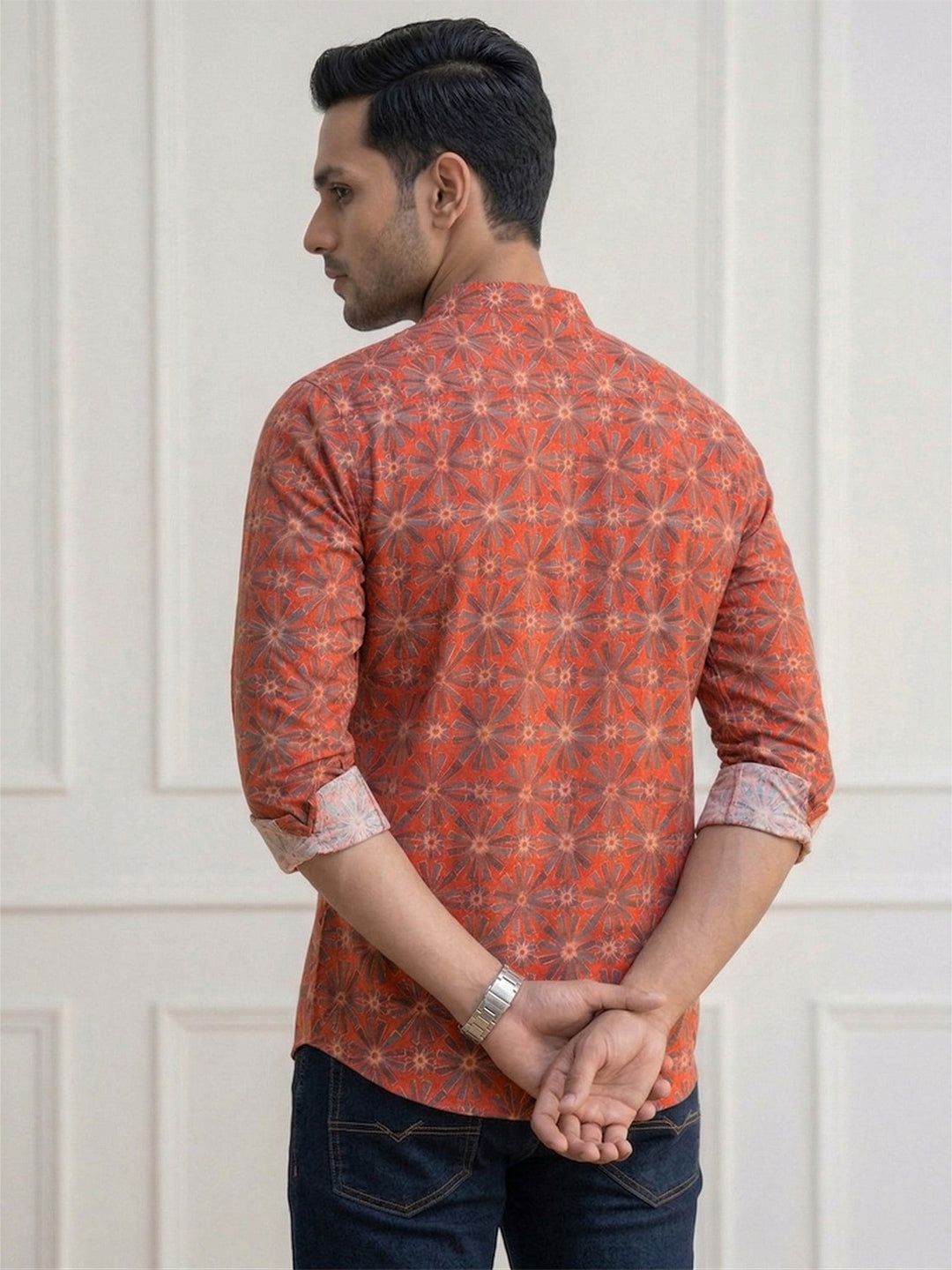RAY LIGHT Men's Geometric Floral Print Cotton Short Kurta – Rust Maroon with Contrast Cuffs Secondary image