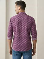 RAY LIGHT Men's Artisan Floral Print Cotton Short Kurta – Plum Purple with Contrast Cuffs
