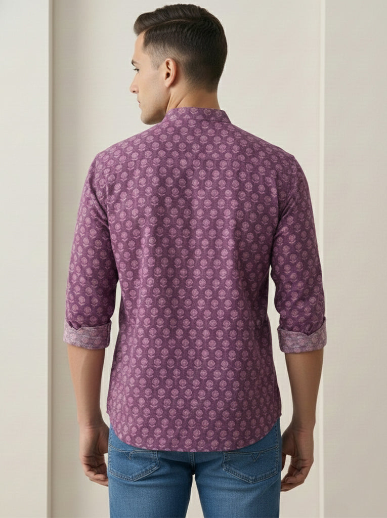 RAY LIGHT Men's Artisan Floral Print Cotton Short Kurta – Plum Purple with Contrast Cuffs