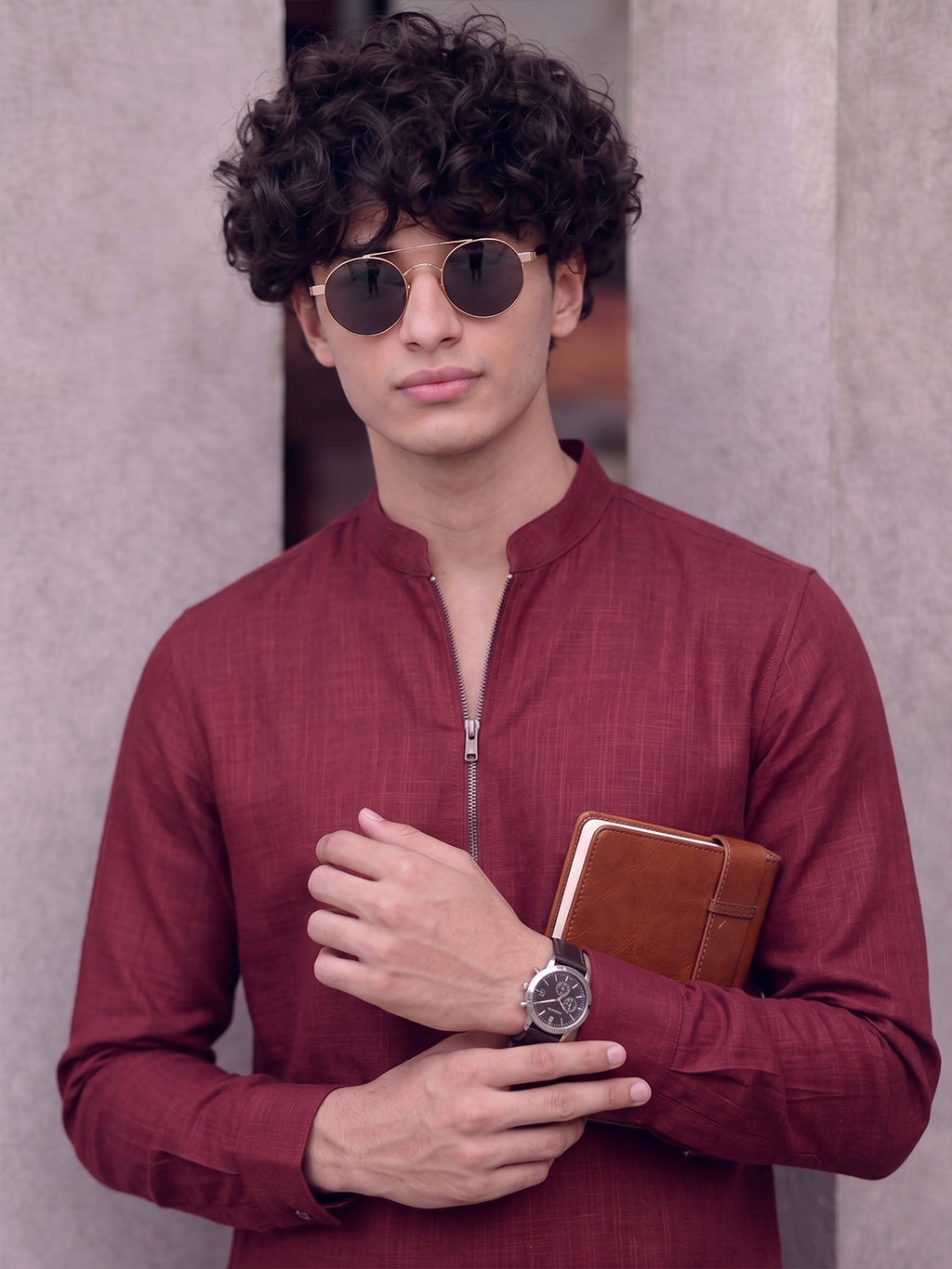 RAY LIGHT Men's Modern Zip-Neck Solid Cotton Short Kurta – Light Pink