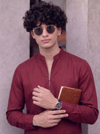 RAY LIGHT Men's Modern Zip-Neck Solid Cotton Short Kurta – Light Pink