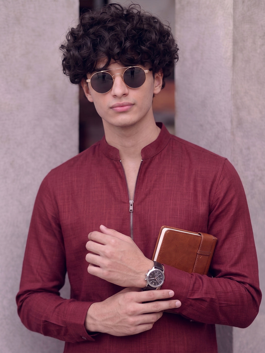 RAY LIGHT Men's Modern Zip-Neck Solid Cotton Short Kurta – Light Pink