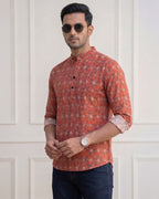 RAY LIGHT Men's Geometric Floral Print Cotton Short Kurta – Rust Maroon with Contrast Cuffs