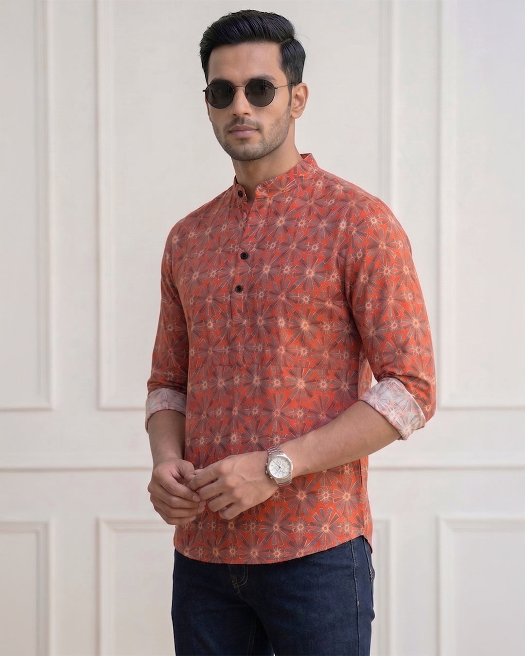 RAY LIGHT Men's Geometric Floral Print Cotton Short Kurta – Rust Maroon with Contrast Cuffs