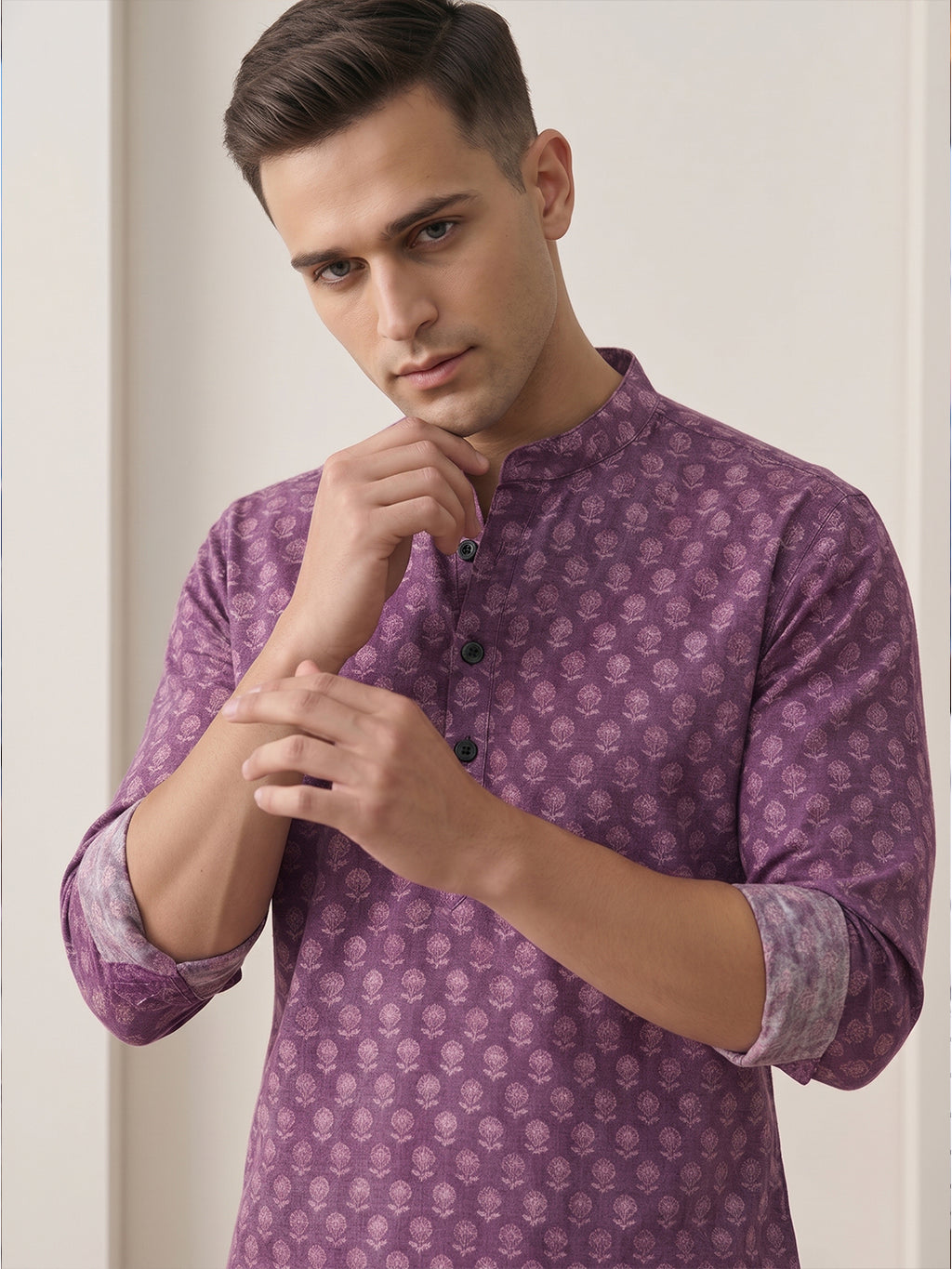 RAY LIGHT Men's Artisan Floral Print Cotton Short Kurta – Plum Purple with Contrast Cuffs