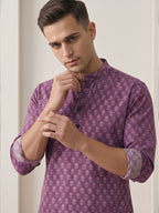 RAY LIGHT Men's Artisan Floral Print Cotton Short Kurta – Plum Purple with Contrast Cuffs