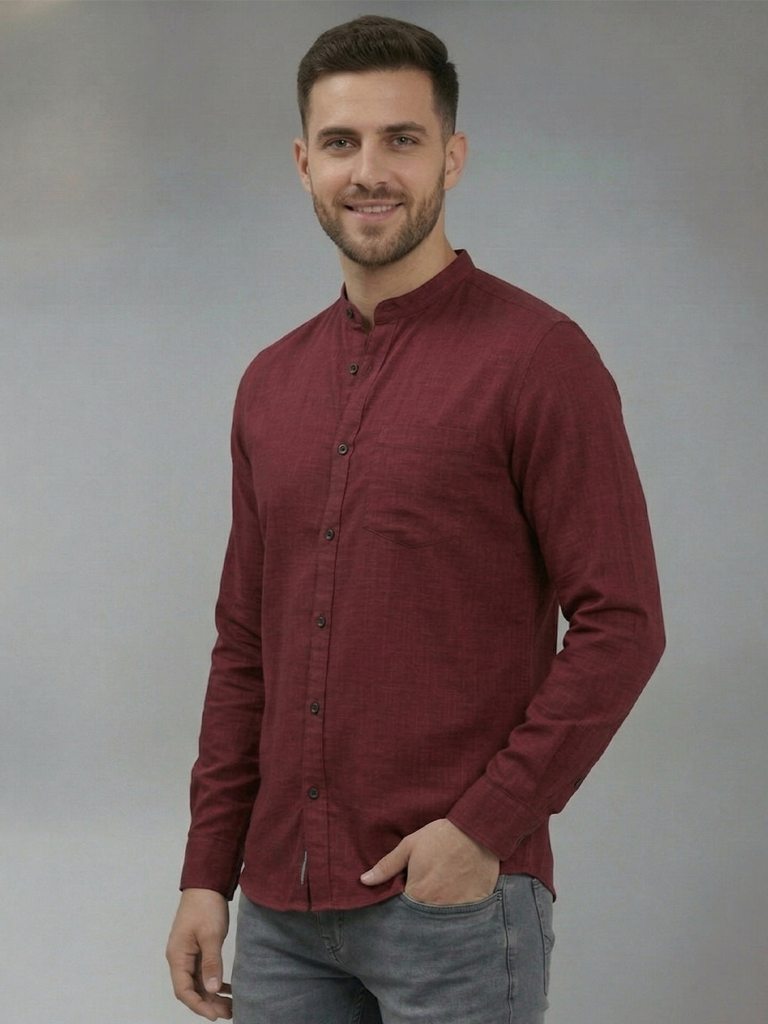 RAY LIGHT Men's Signature Solid Casual Shirt – Chinese Collar with Chest Pocket