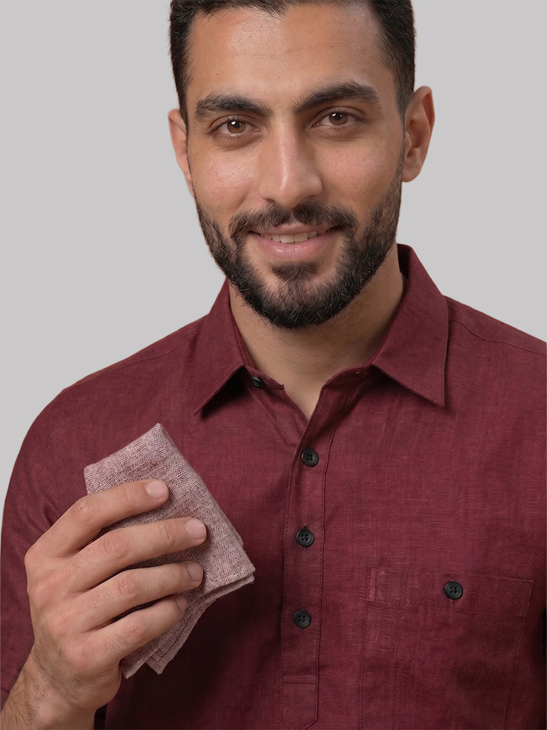 RAY LIGHT Men's Essential Solid Cotton Short Kurta – Magenta with Roll-Up Sleeves