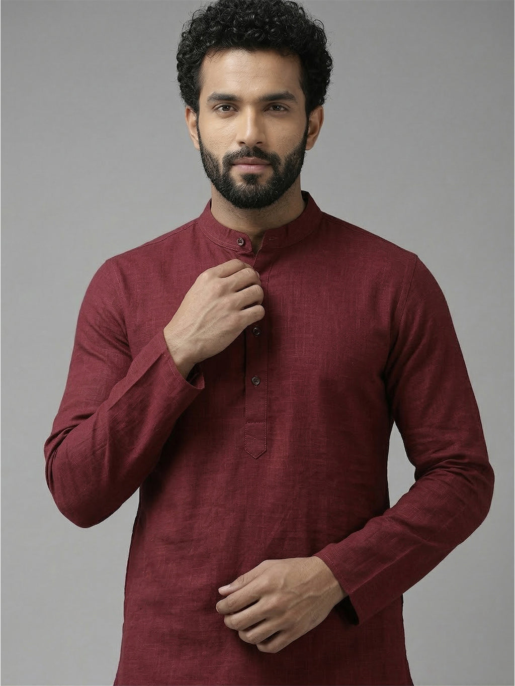 RAY LIGHT Men's 100% Cotton Solid Long Kurta with Mandarin Collar