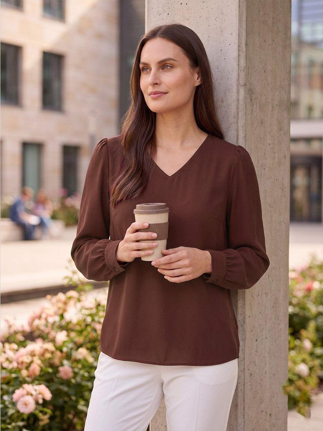 Ray Light Women’s Dark Brown Solid Crepe Blouse with V-Neck & Full Sleeves Main image