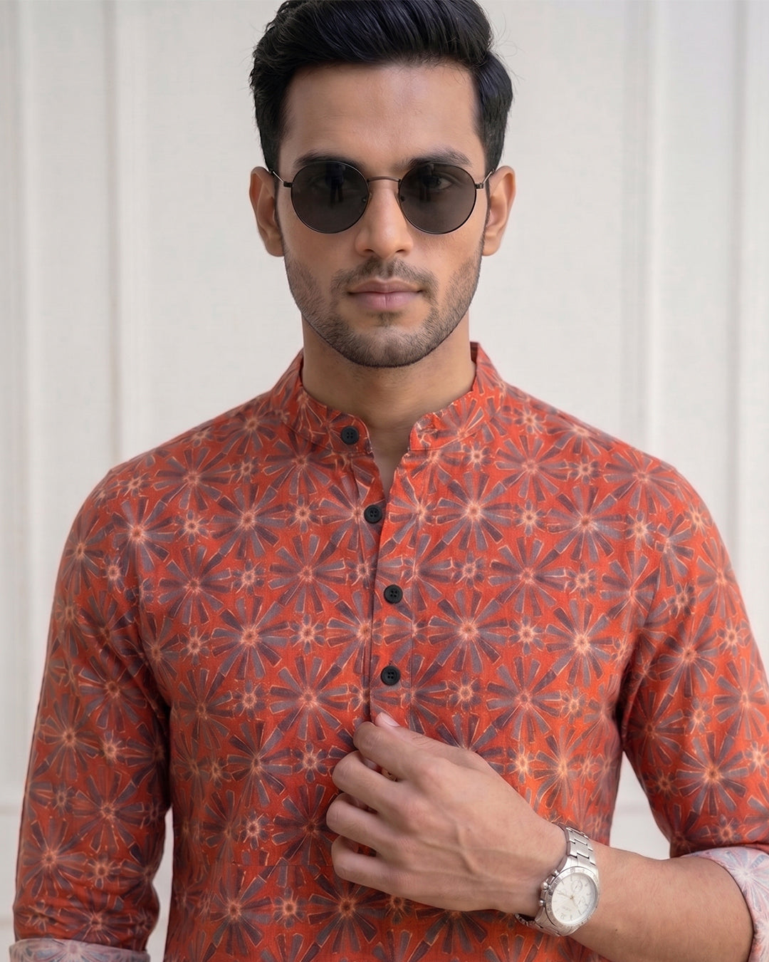 RAY LIGHT Men's Geometric Floral Print Cotton Short Kurta – Rust Maroon with Contrast Cuffs