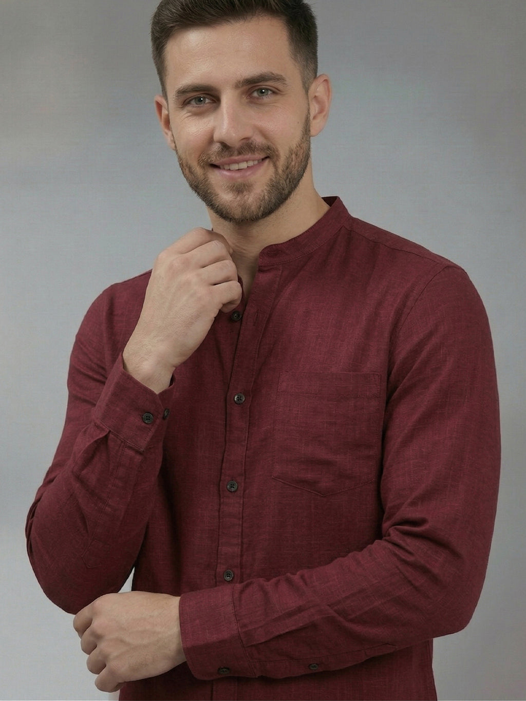 RAY LIGHT Men's Signature Solid Casual Shirt – Chinese Collar with Chest Pocket