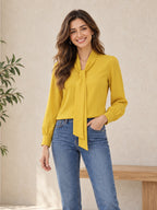 Ray Light Women’s Elegant Yellow Crepe Bow-Tie Neck Full Sleeve Formal Top