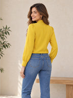 Ray Light Women’s Elegant Yellow Crepe Bow-Tie Neck Full Sleeve Formal Top
