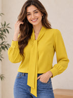 Ray Light Women’s Elegant Yellow Crepe Bow-Tie Neck Full Sleeve Formal Top