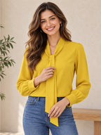 Ray Light Women’s Elegant Yellow Crepe Bow-Tie Neck Full Sleeve Formal Top