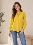 Ray Light Women’s Elegant Yellow Crepe Bow-Tie Neck Full Sleeve Formal Top