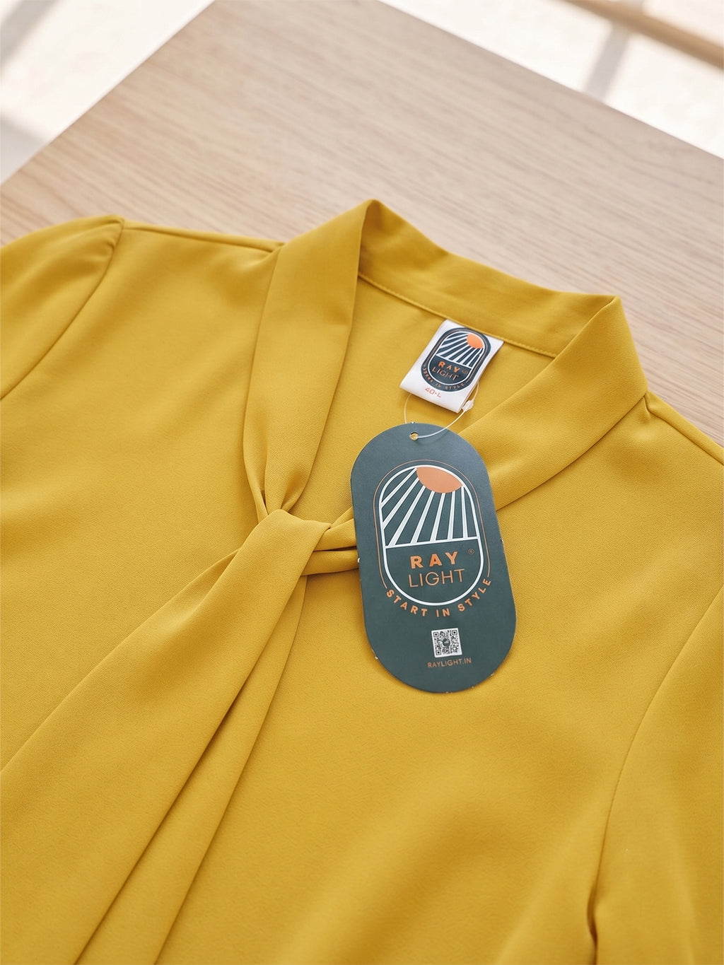 Ray Light Women’s Elegant Yellow Crepe Bow-Tie Neck Full Sleeve Formal Top