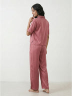 Ray Light Women’s Satin Co-ord Set | Solid Maroon Shirt & Wide-Leg Pants | Stylish Lounge & Casual Wear