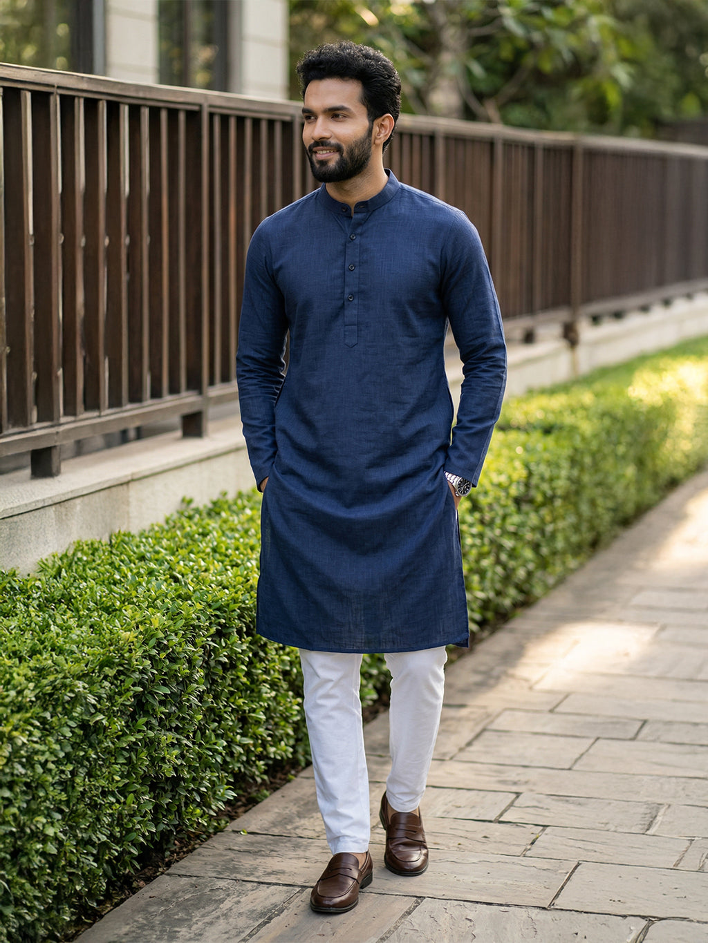RAY LIGHT Men's Classic Solid Cotton Long Kurta – Dark Green with Dual Side Pockets