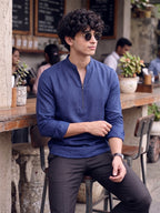 RAY LIGHT Men's Modern Zip-Neck Solid Cotton Short Kurta – Navy Blue