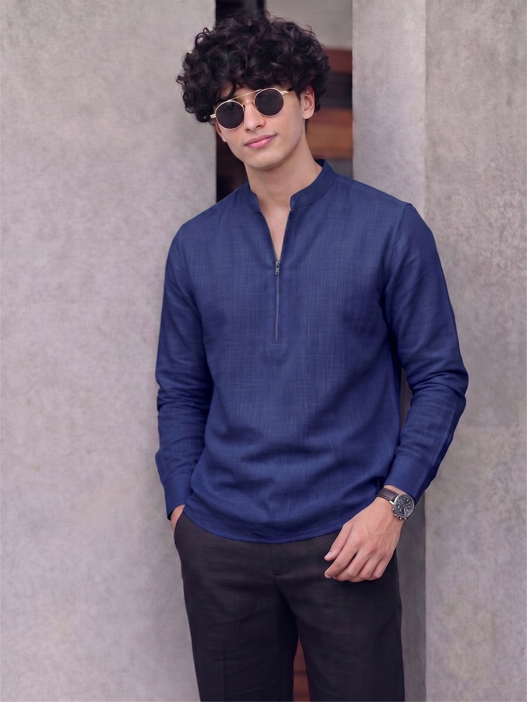RAY LIGHT Men's Modern Zip-Neck Solid Cotton Short Kurta – Navy Blue