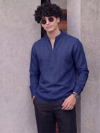 RAY LIGHT Men's Modern Zip-Neck Solid Cotton Short Kurta – Navy Blue