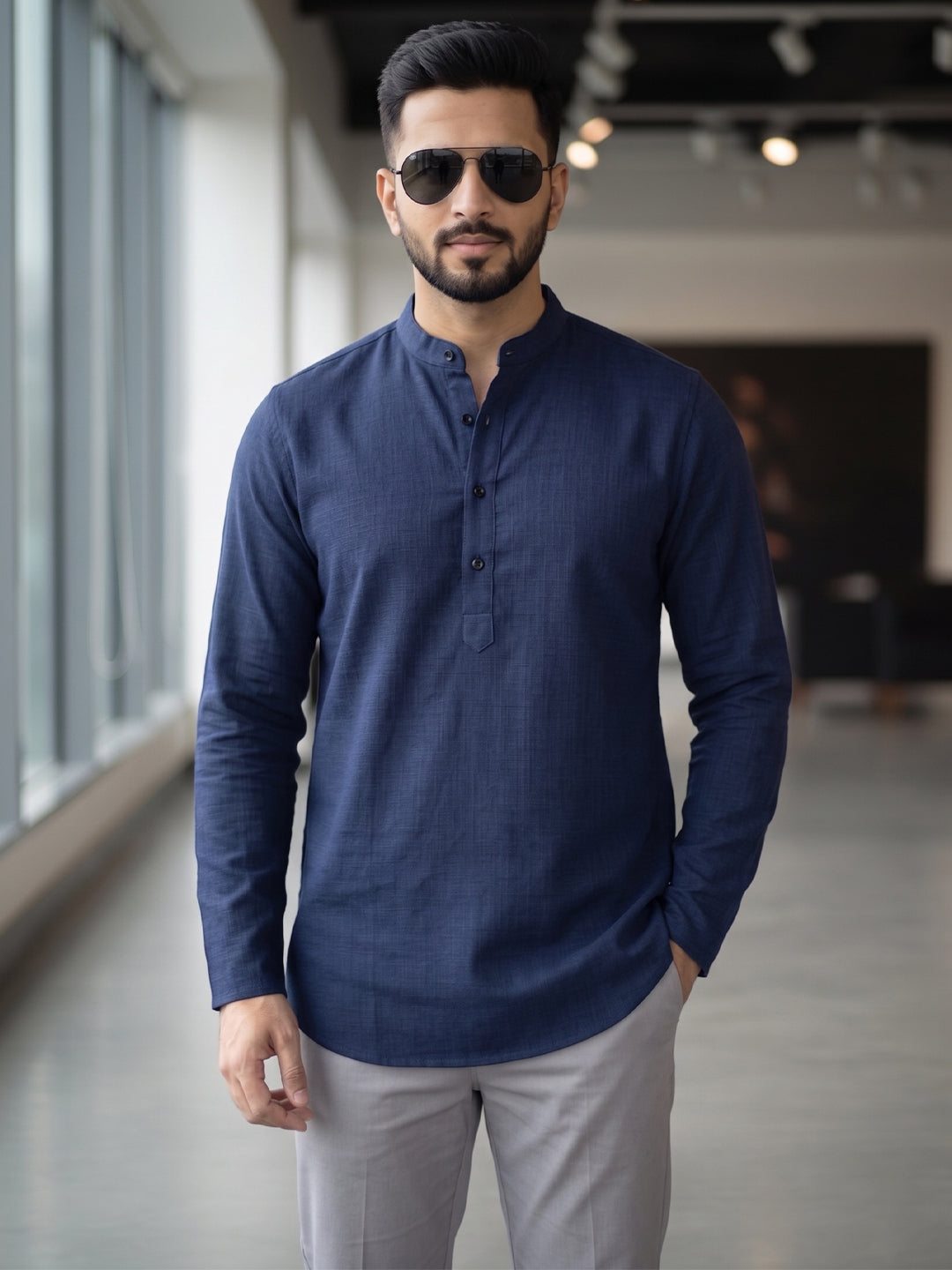 RAY LIGHT Men's Essential Solid Cotton Short Kurta – Light Grey with Cuffless Sleeves
