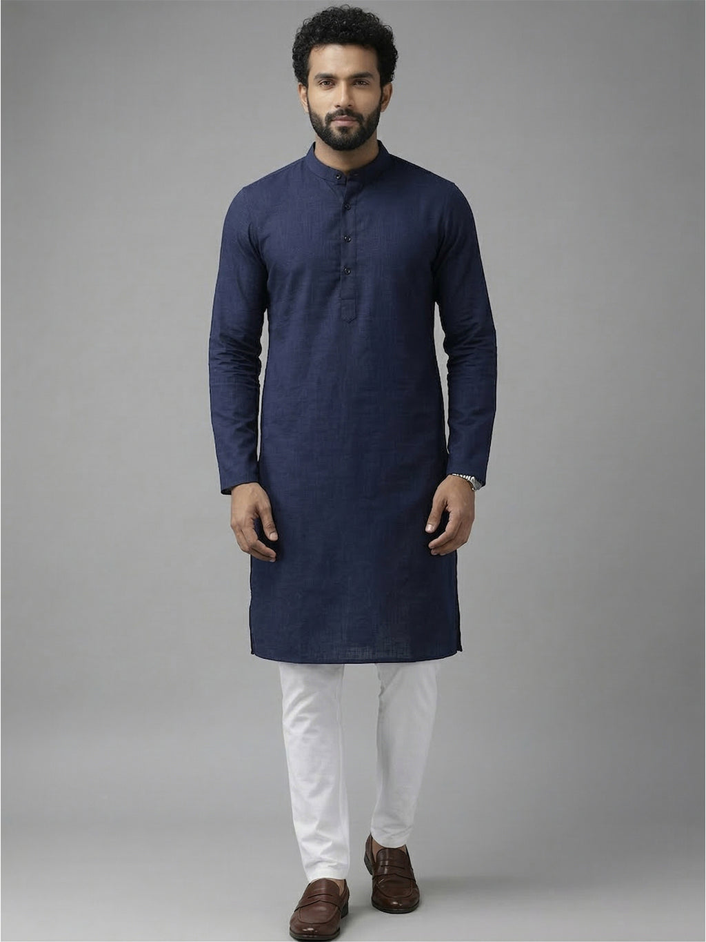 RAY LIGHT Men's Classic Solid Cotton Long Kurta – Dark Green with Dual Side Pockets