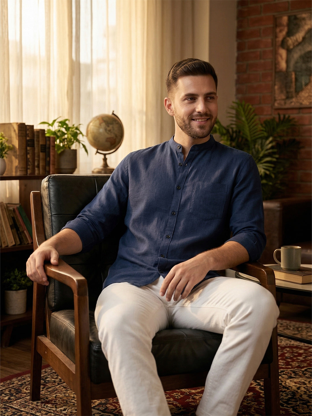 RAY LIGHT Men's Signature Solid Casual Shirt – Chinese Collar with Chest Pocket