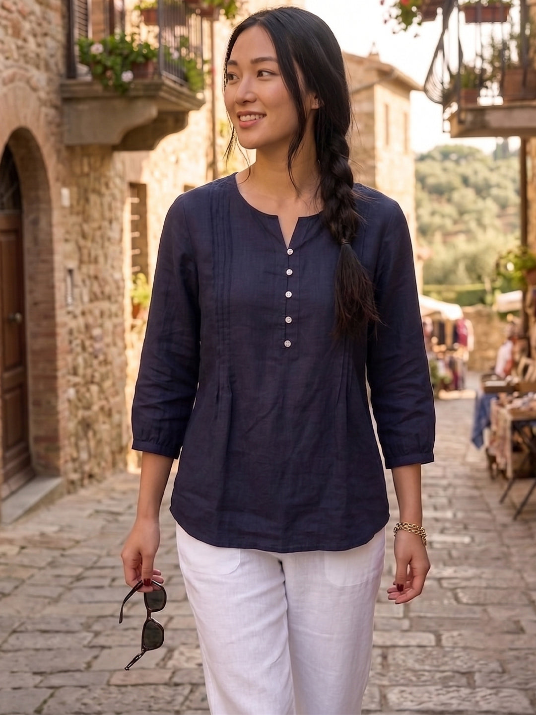 Ray Light Women’s Navy Blue Viscose Top | Elegant 3/4 Sleeve Casual & Office Wear Top Main image