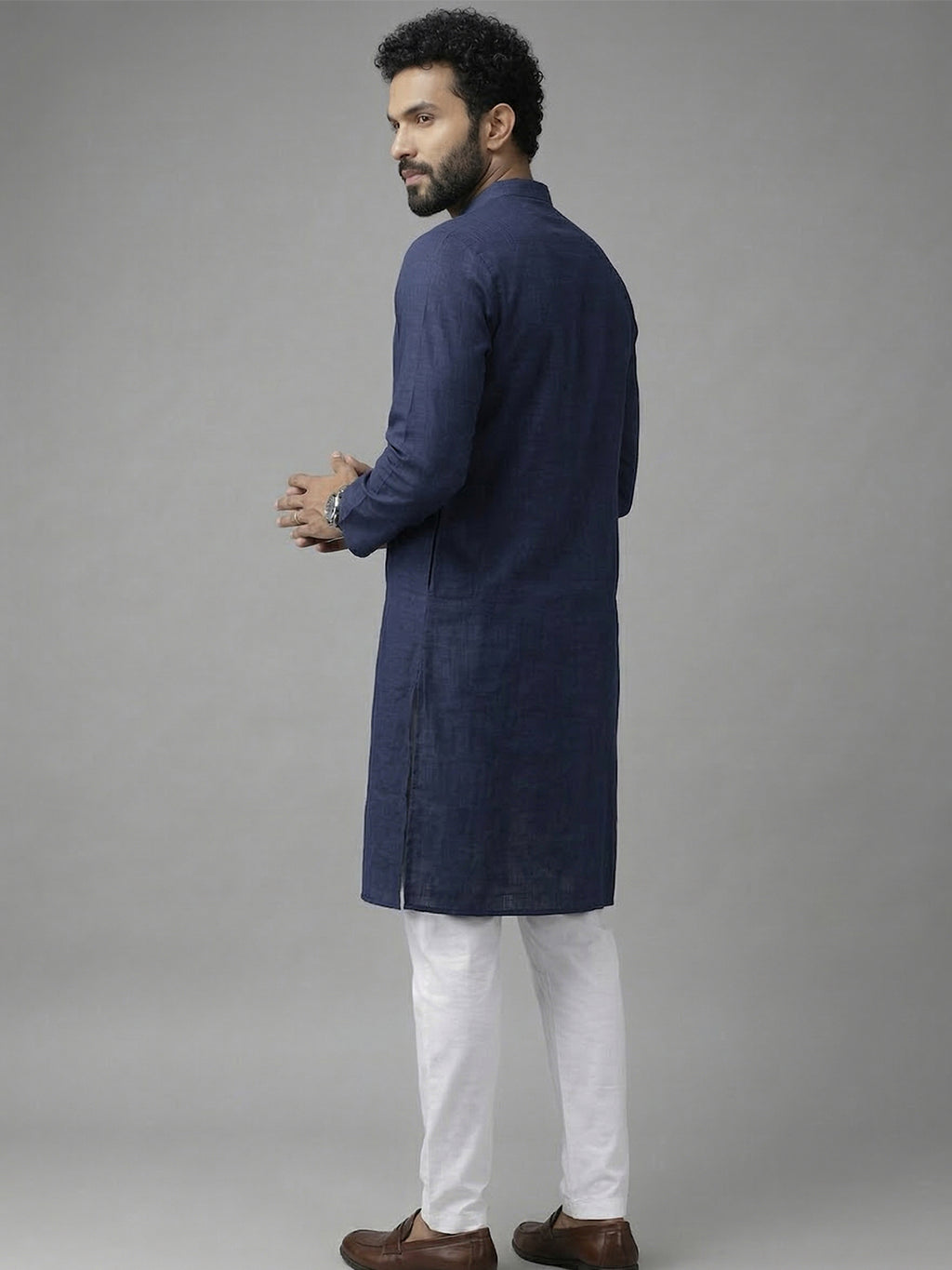 RAY LIGHT Men's 100% Cotton Solid Long Kurta with Mandarin Collar