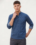 RAY LIGHT Men's Artisan Block Print Cotton Short Kurta – Navy Blue with Contrast Cuffs