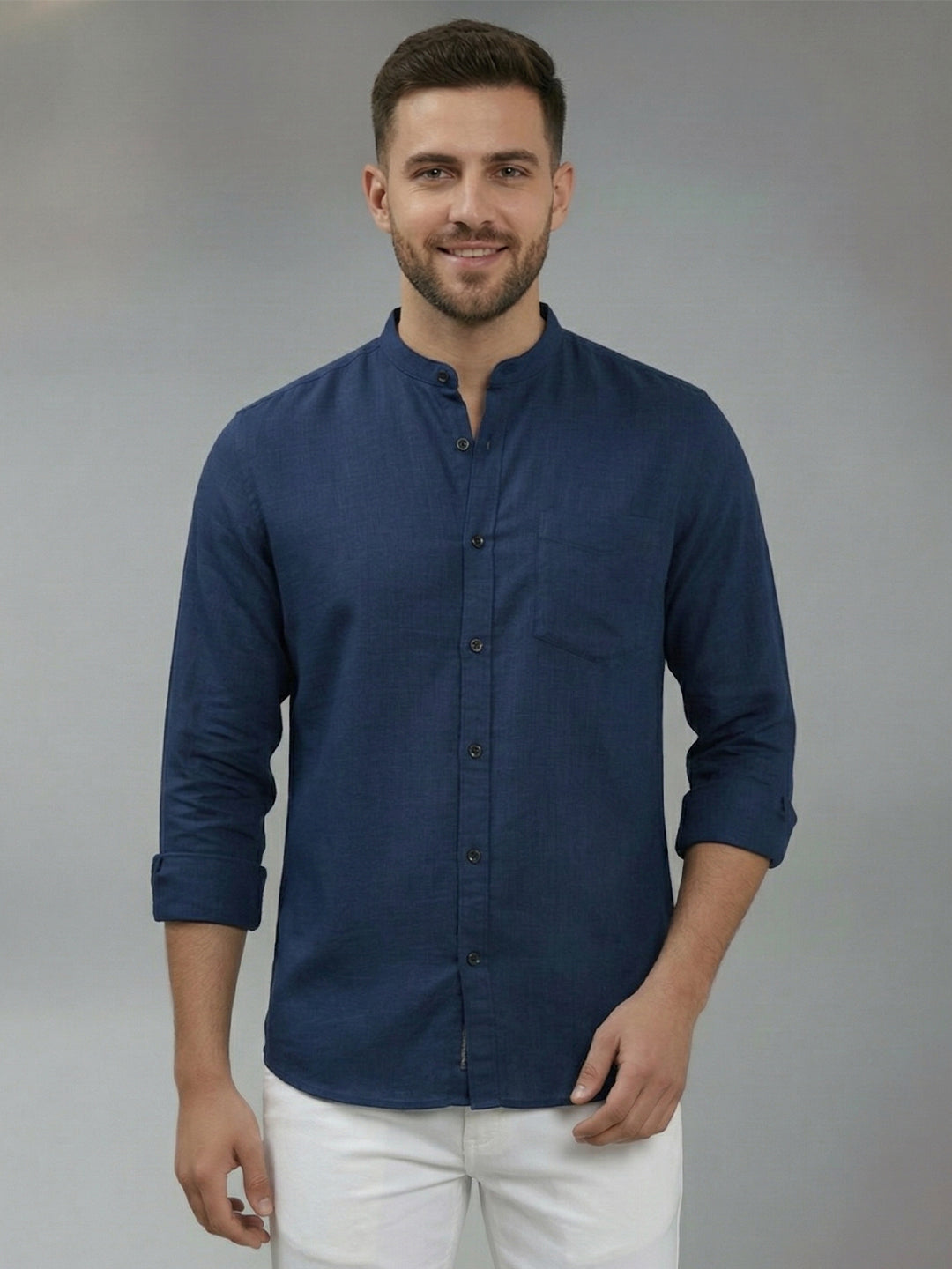 RAY LIGHT Men's Signature Solid Casual Shirt – Chinese Collar with Chest Pocket
