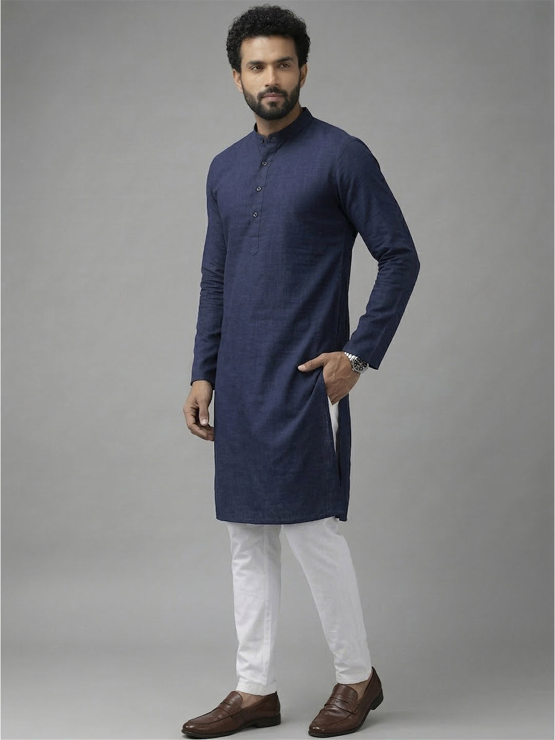 RAY LIGHT Men's 100% Cotton Solid Long Kurta with Mandarin Collar