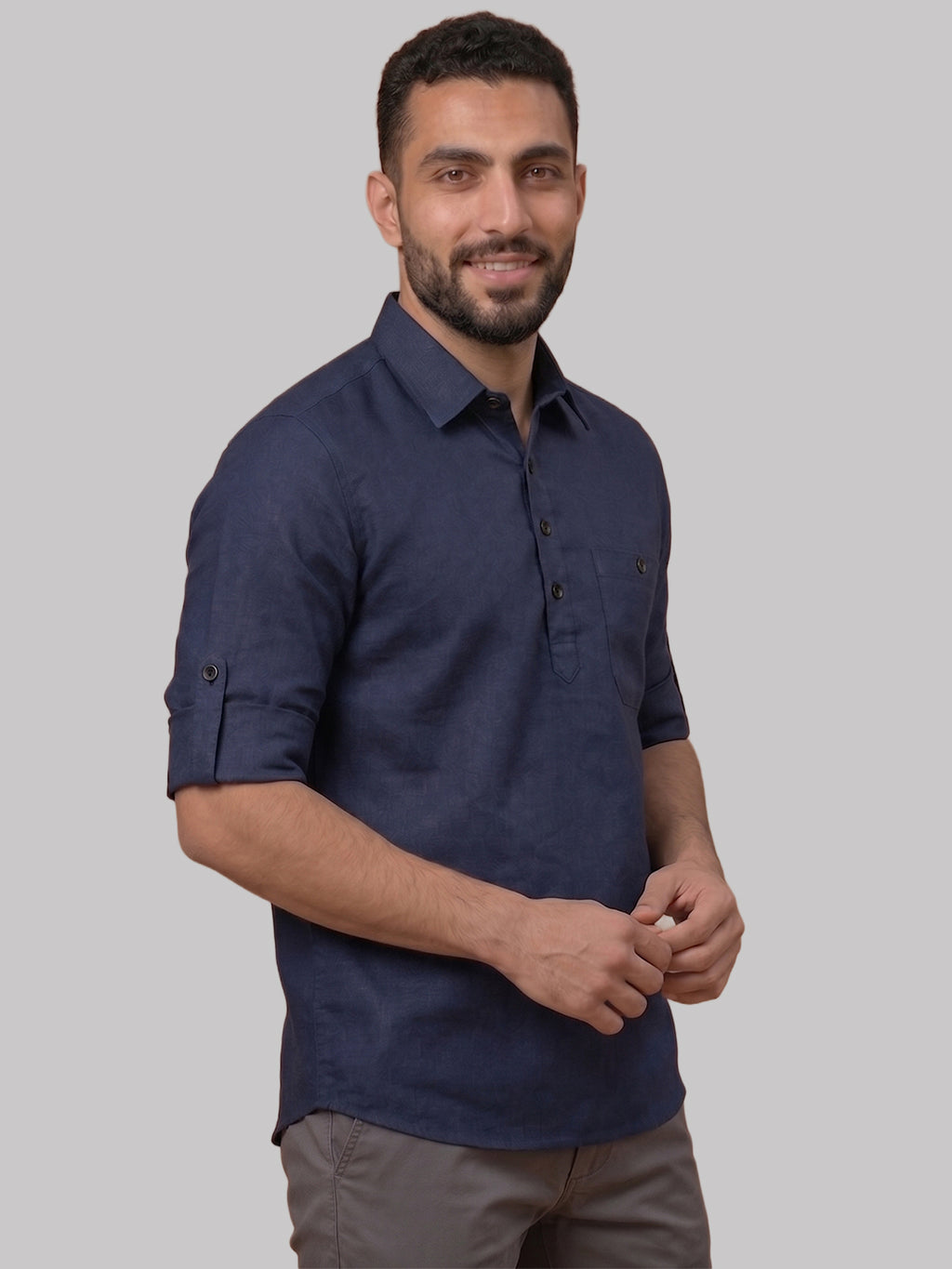 RAY LIGHT Men's Essential Solid Cotton Short Kurta – Magenta with Roll-Up Sleeves