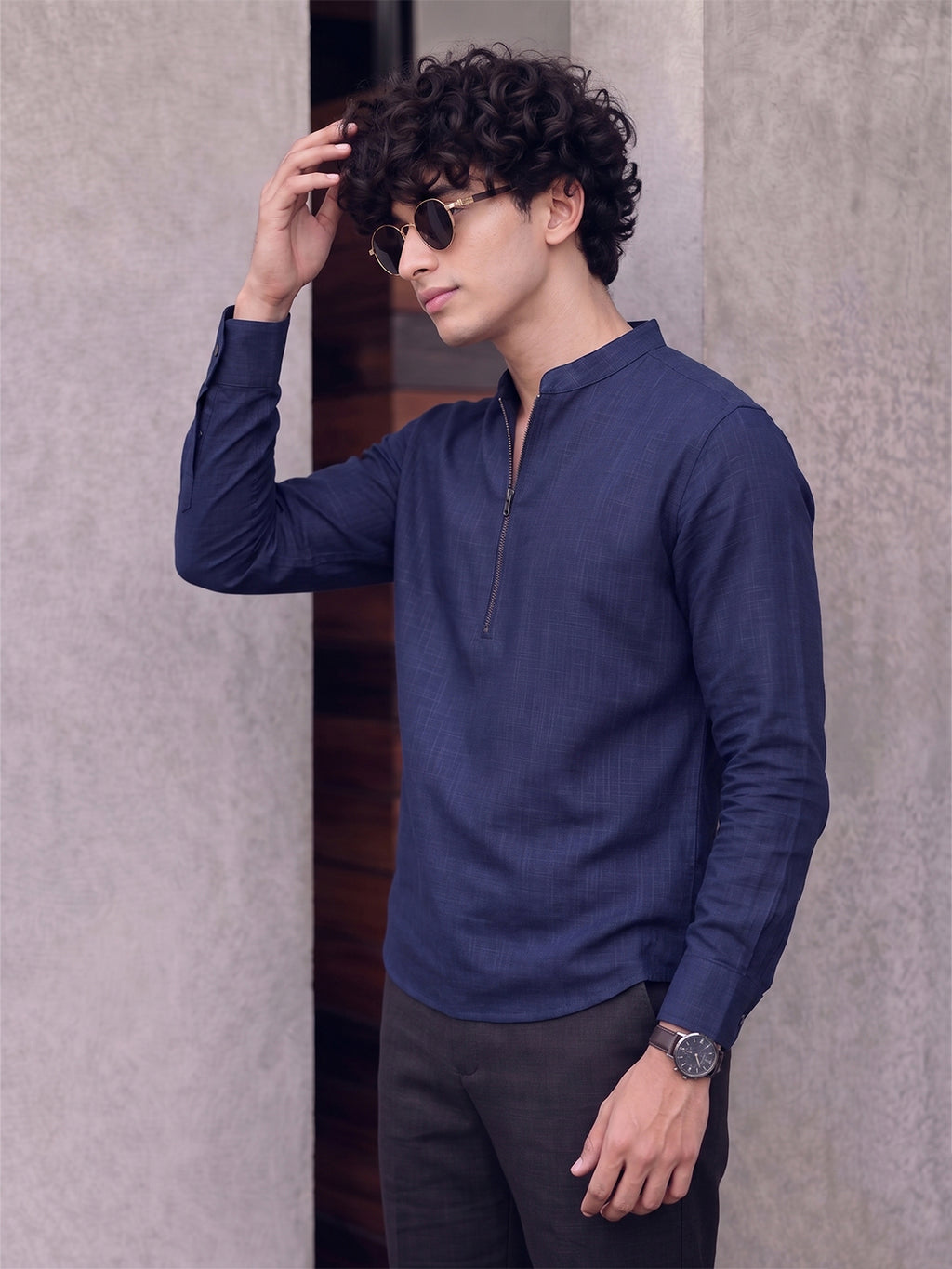 RAY LIGHT Men's Modern Zip-Neck Solid Cotton Short Kurta – Navy Blue