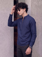 RAY LIGHT Men's Modern Zip-Neck Solid Cotton Short Kurta – Navy Blue