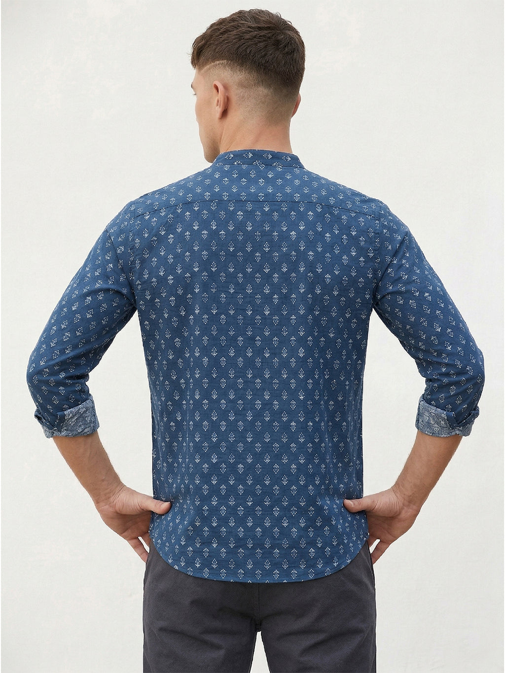 RAY LIGHT Men's Artisan Block Print Cotton Short Kurta – Navy Blue with Contrast Cuffs