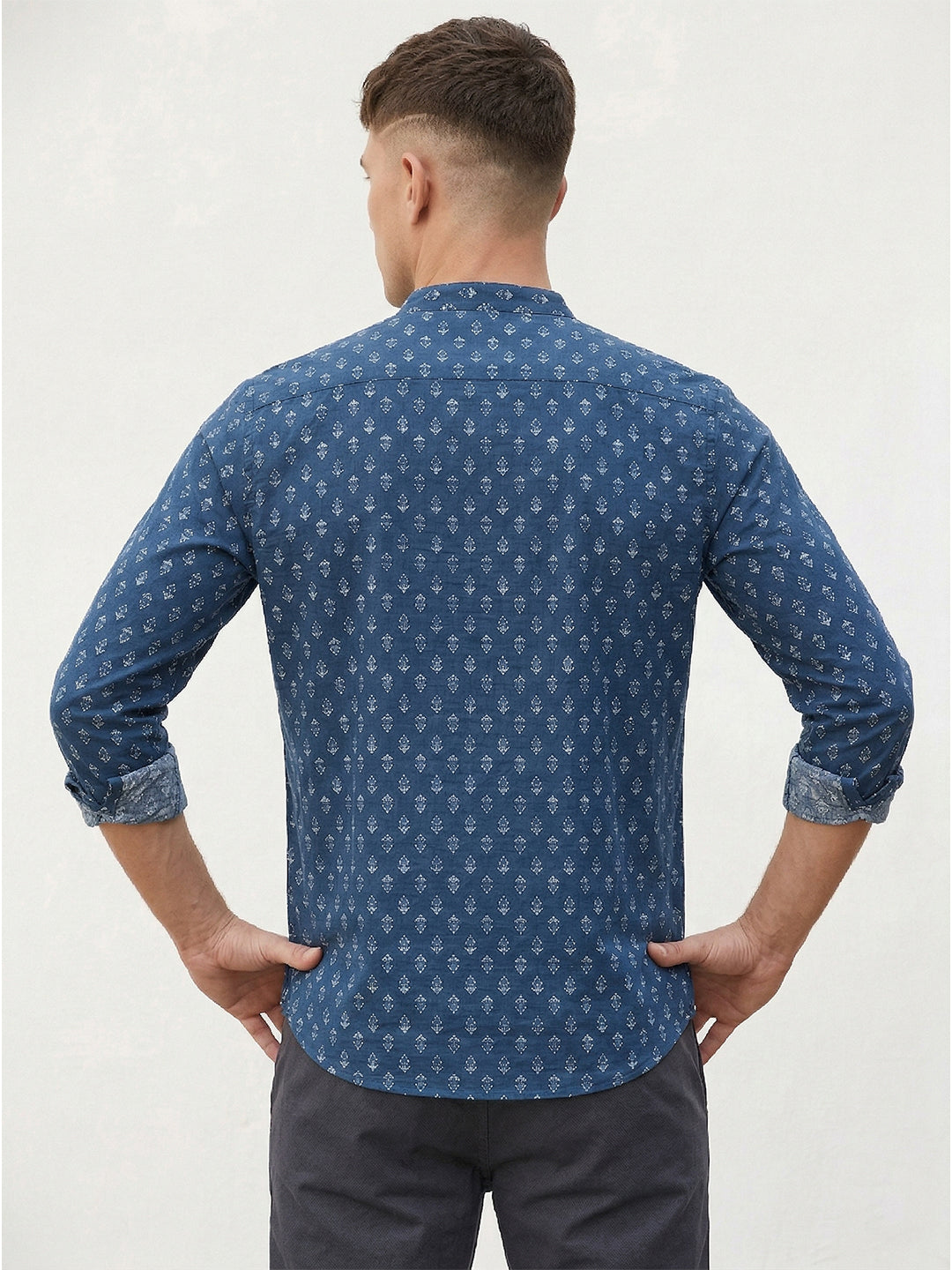 RAY LIGHT Men's Artisan Block Print Cotton Short Kurta – Navy Blue with Contrast Cuffs
