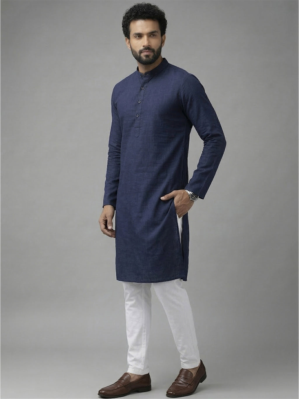 RAY LIGHT Men's Classic Solid Cotton Long Kurta – Dark Green with Dual Side Pockets
