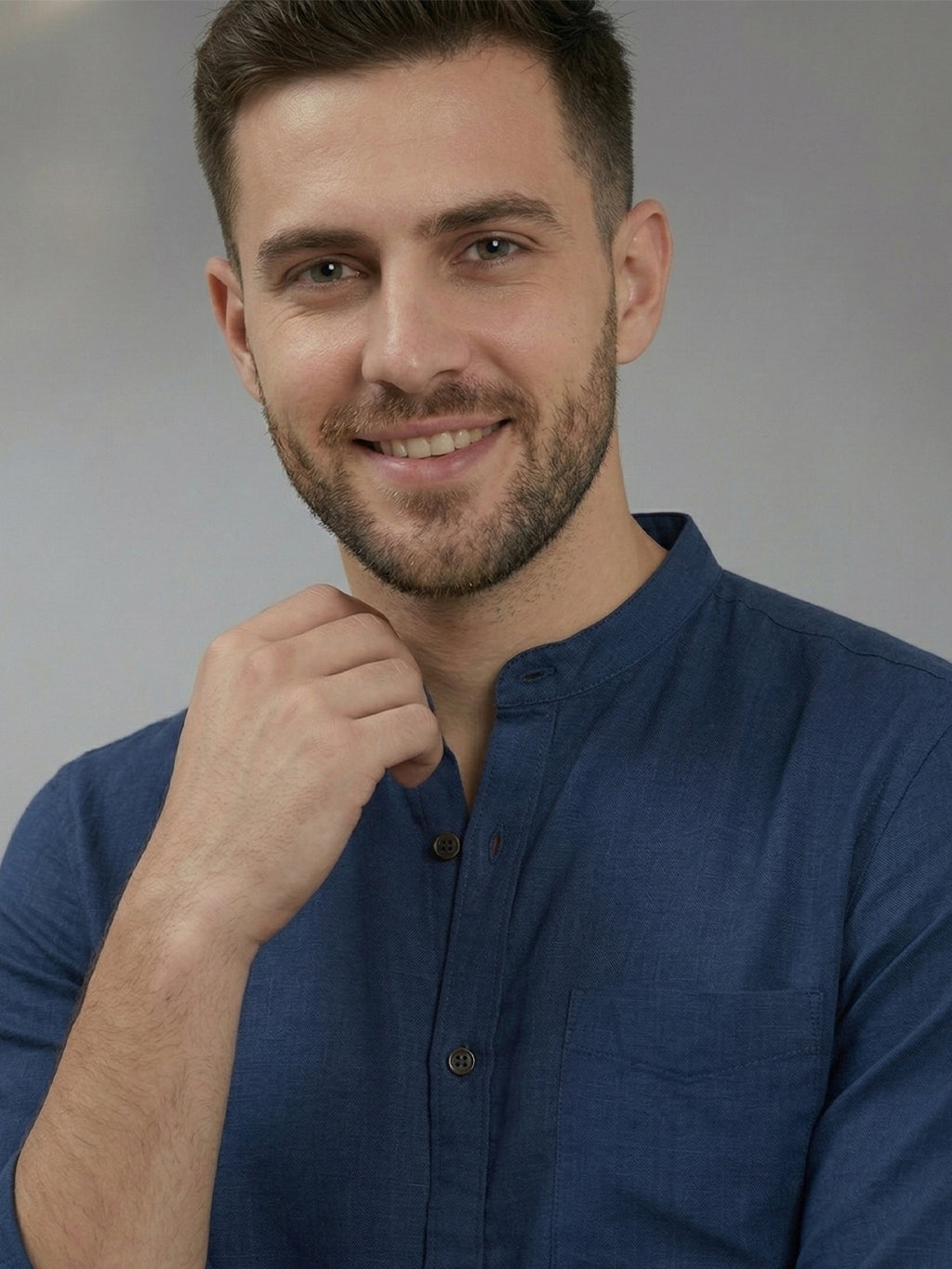 RAY LIGHT Men's Signature Solid Casual Shirt – Chinese Collar with Chest Pocket