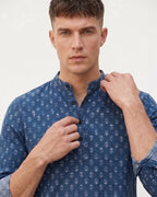RAY LIGHT Men's Artisan Block Print Cotton Short Kurta – Navy Blue with Contrast Cuffs