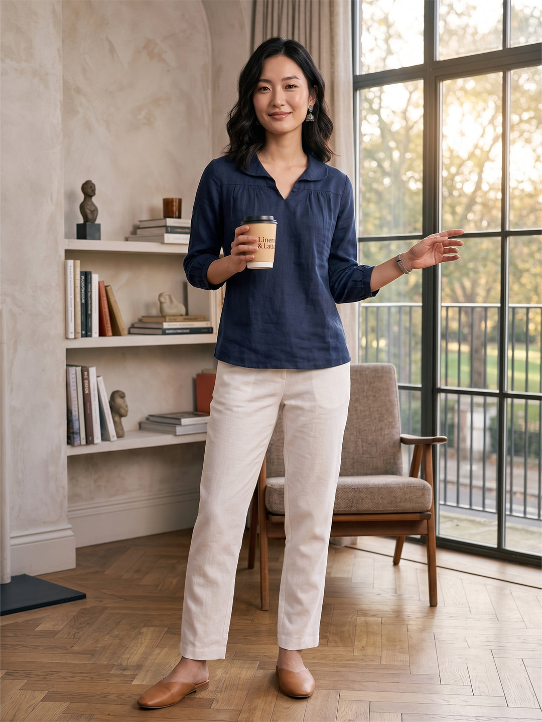 Ray Light Women’s Navy Blue Linen Top | Collared V-Neck 3/4 Sleeve Casual & Office Wear Main image