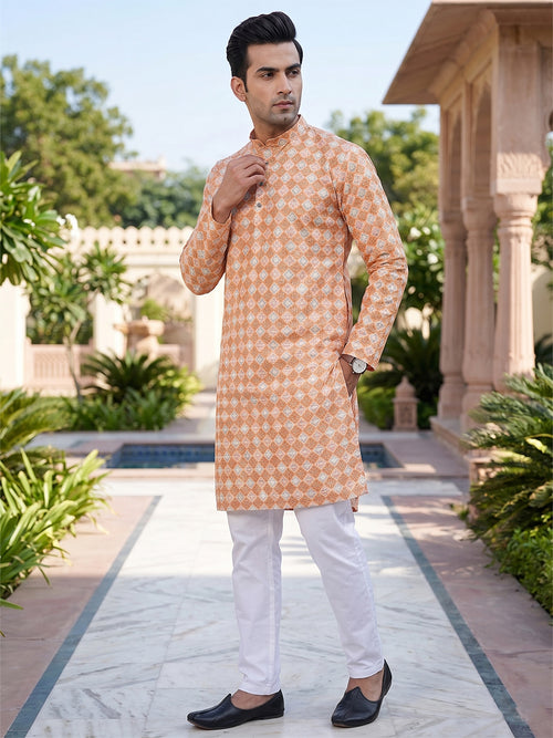 RAY LIGHT Men's Premium Crochet Fabric Geometric Long Kurta – Light Orange