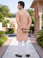 RAY LIGHT Men's Premium Crochet Fabric Geometric Long Kurta – Light Orange