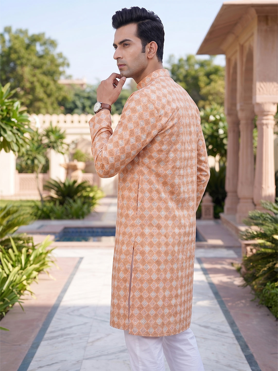RAY LIGHT Men's Premium Crochet Fabric Geometric Long Kurta – Light Orange